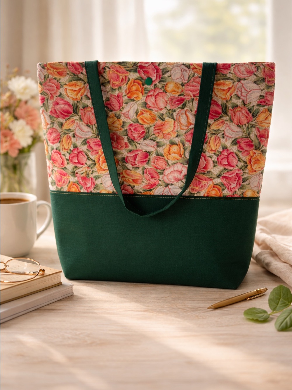 Handmade Floral Print & Forest Green Tote Bag cotton lightweight size L